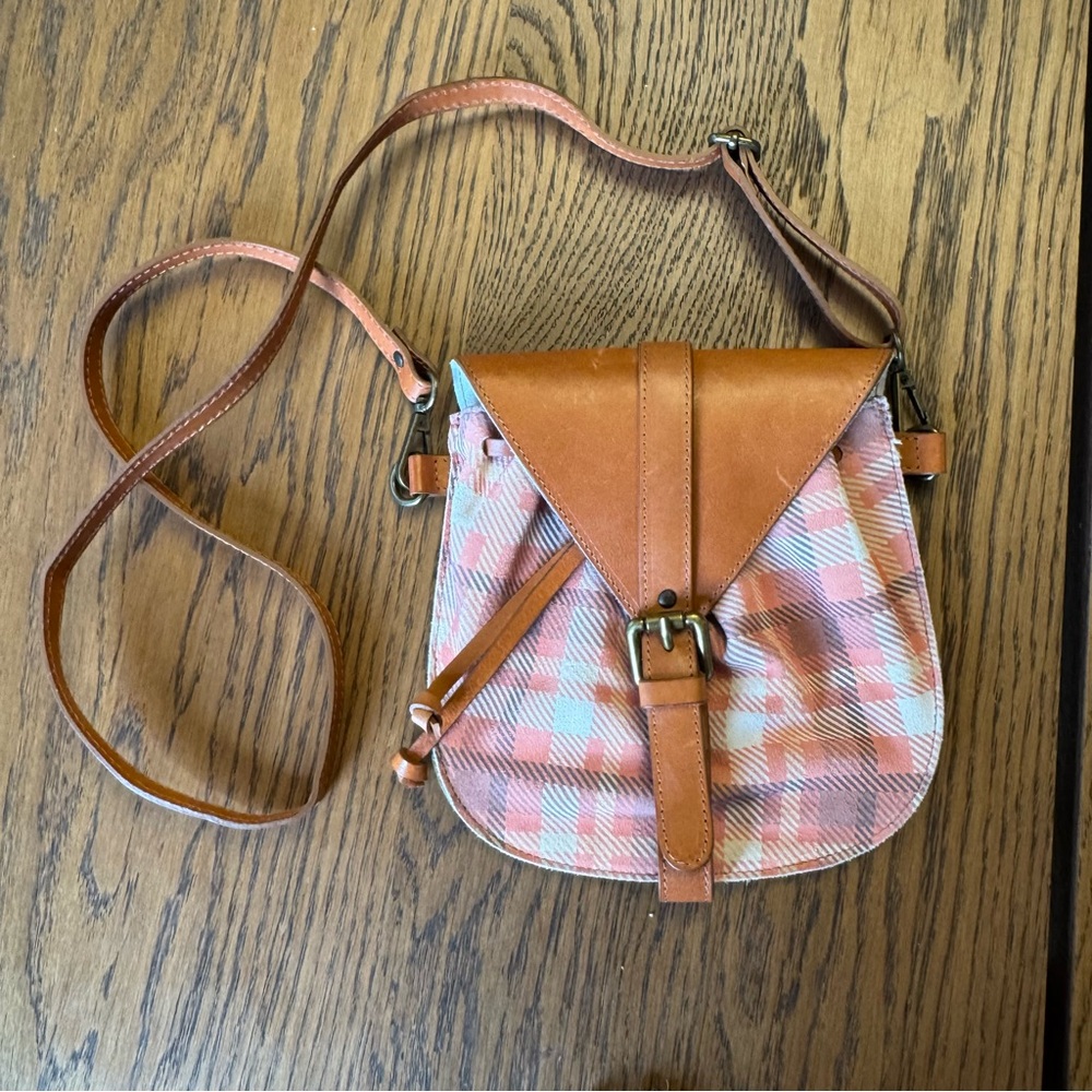 Sundance Anthropologie Leather cloth Plaid Crossbody belt bag Vintage look Boho